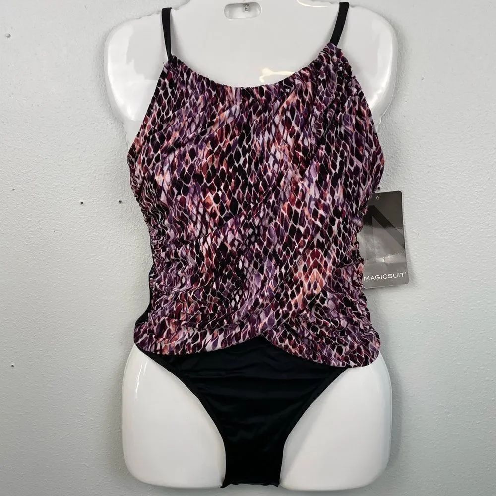 NWT Magic Suit Plum Red and Black One Piece Swim Suit Size 8